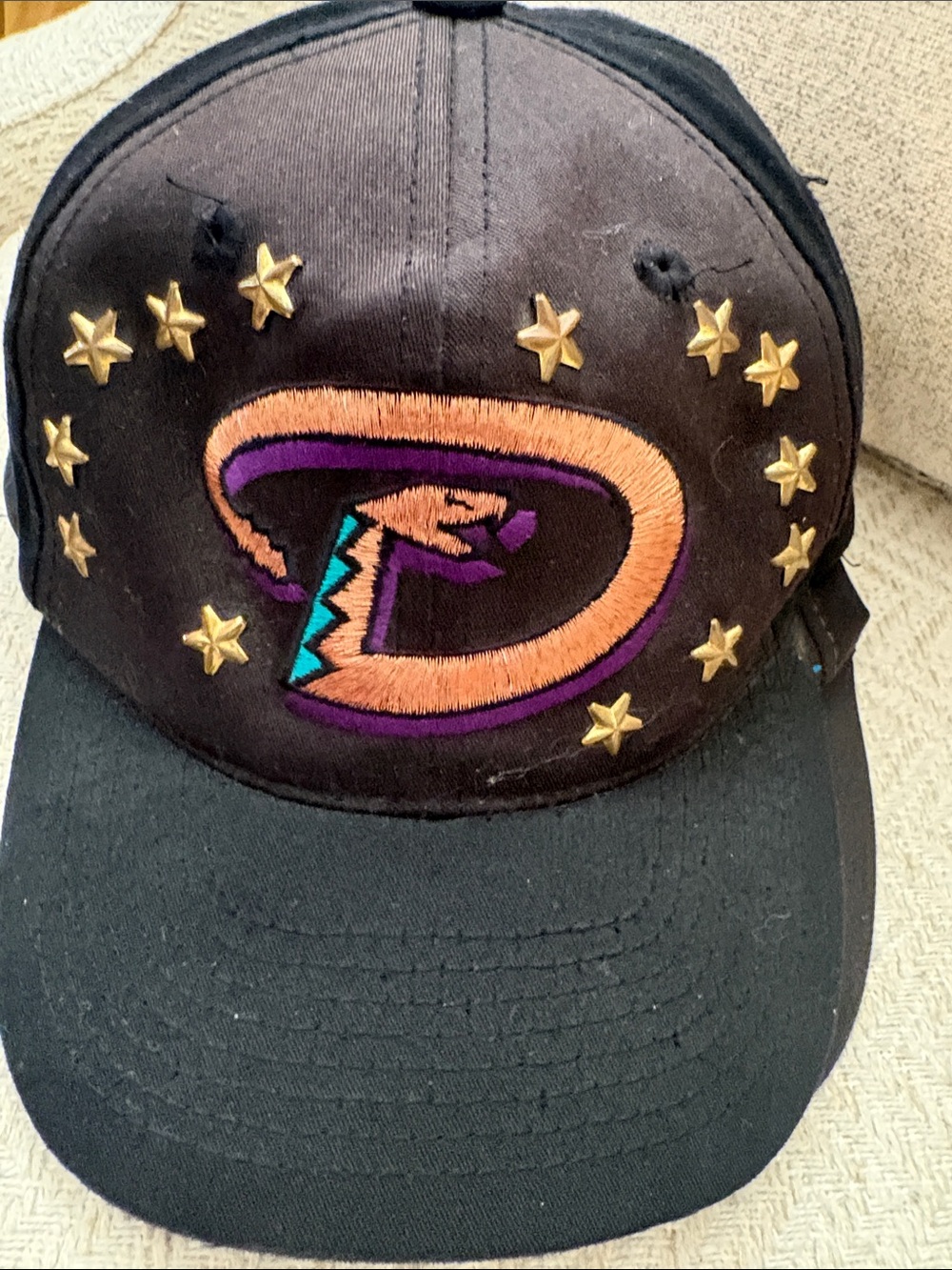 Embroidered Black Snapback Hat with Orange & Purple Diamondbacks Logo